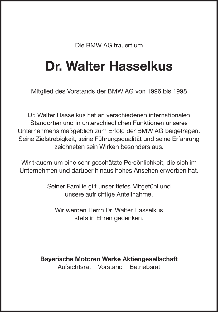  Traueranzeige für Walter Hasselkus vom 25.03.2024 aus Süddeutsche Zeitung