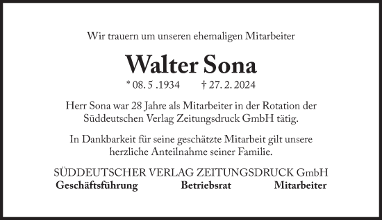 Traueranzeige von Walter Sona von Süddeutsche Zeitung