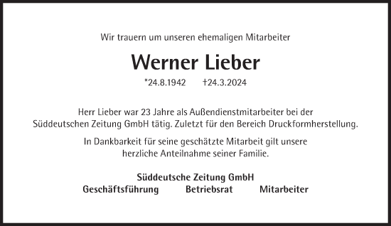 Traueranzeige von Werner Lieber von Süddeutsche Zeitung