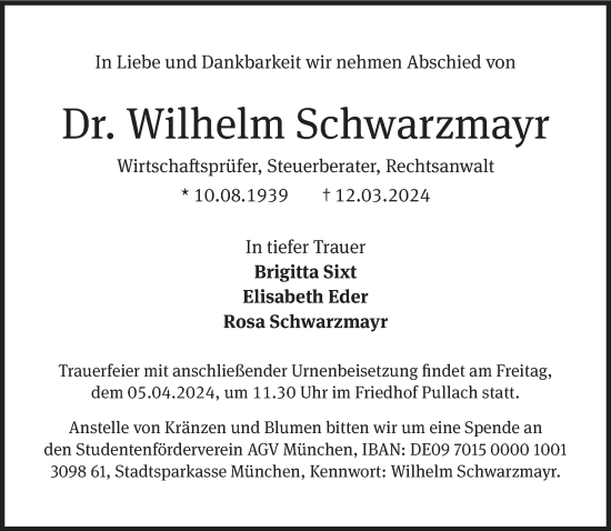Traueranzeige von Wilhelm Schwarzmayr von Süddeutsche Zeitung