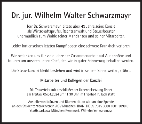 Traueranzeige von Wilhelm Walter Schwarzmayr von Süddeutsche Zeitung
