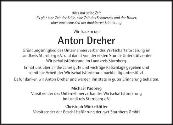 Traueranzeige von Anton Dreher von Süddeutsche Zeitung
