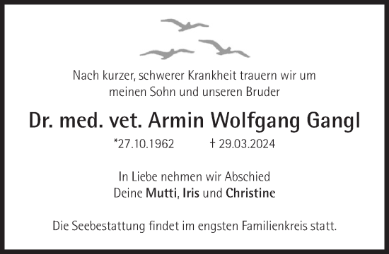 Traueranzeige von Armin Wolfgang Gangl von Süddeutsche Zeitung