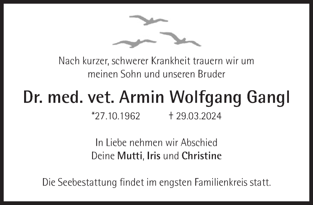 Traueranzeige für Armin Wolfgang Gangl vom 06.04.2024 aus Süddeutsche Zeitung