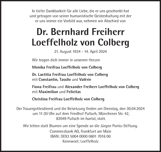 Traueranzeige von Bernhard Freiherr Loeffelholz von Colberg von Süddeutsche Zeitung
