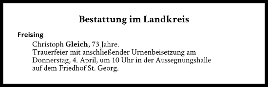 Traueranzeige von Bestattungen vom 04.04.2024 von Süddeutsche Zeitung