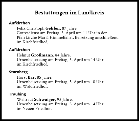 Traueranzeige von Bestattungen vom 05.04.2024 von Süddeutsche Zeitung
