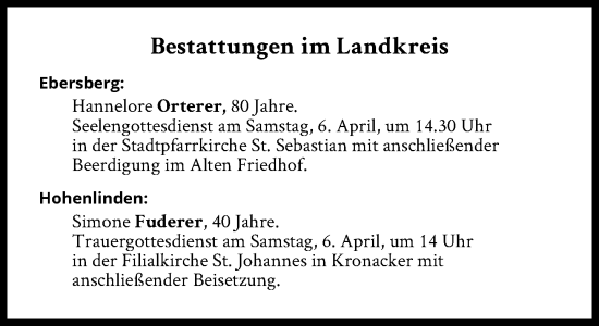 Traueranzeige von Bestattungen vom 06.04.2024 von Süddeutsche Zeitung