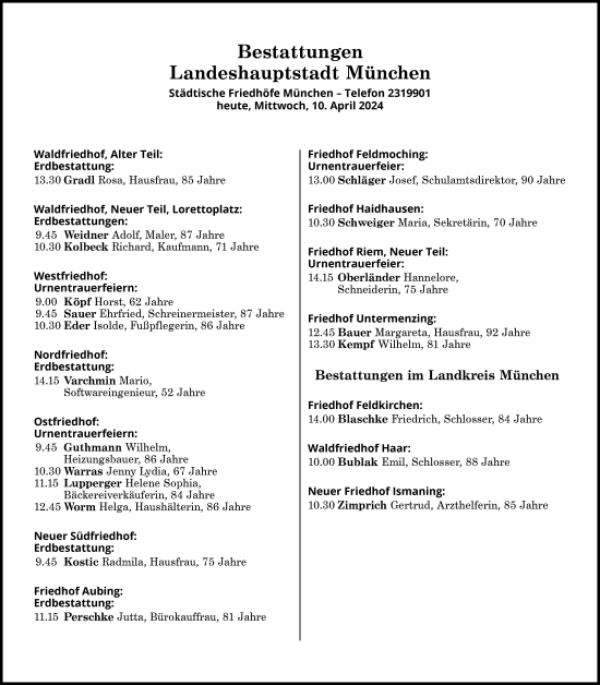 Traueranzeige von Bestattungen vom 10.04.2024 von Süddeutsche Zeitung