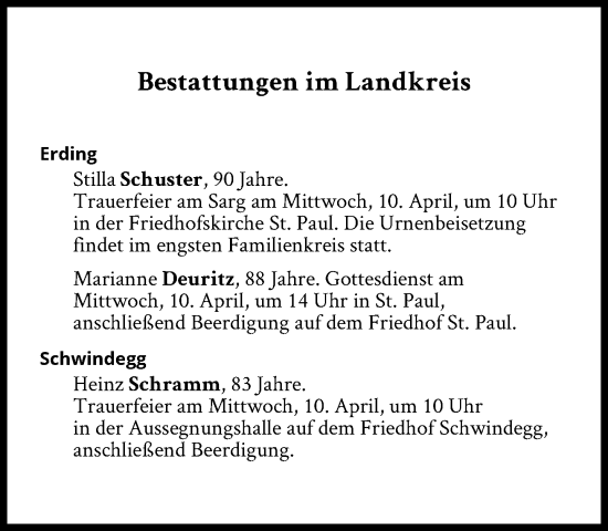 Traueranzeige von Bestattungen vom 10.04.2024 von Süddeutsche Zeitung