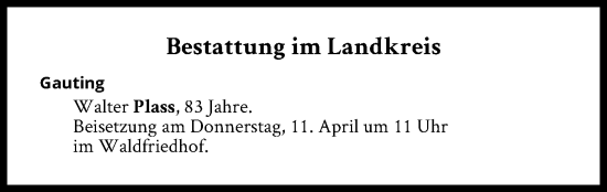 Traueranzeige von Bestattungen vom 11.04.2024 von Süddeutsche Zeitung