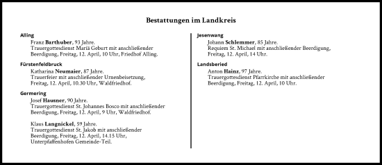 Traueranzeige von Bestattungen vom 12.04.2024 von Süddeutsche Zeitung
