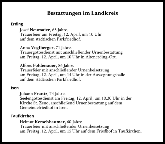 Traueranzeige von Bestattungen vom 12.04.2024 von Süddeutsche Zeitung