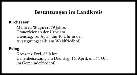Traueranzeige von Bestattungen vom 16.04.2024 von Süddeutsche Zeitung