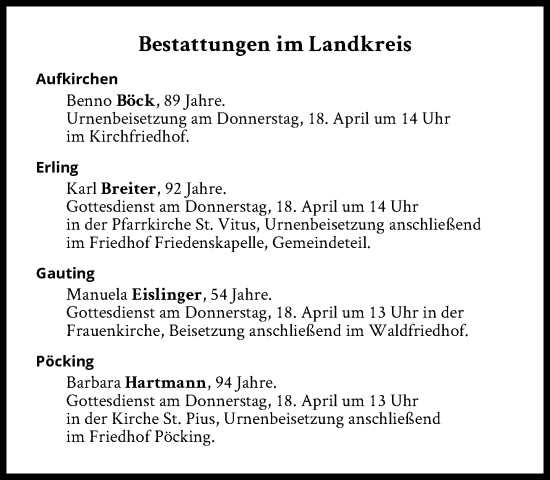 Traueranzeige von Bestattungen vom 18.04.2024 von Süddeutsche Zeitung