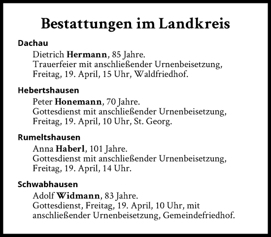 Traueranzeige von Bestattungen vom 19.04.2024 von Süddeutsche Zeitung
