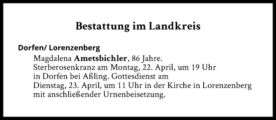 Traueranzeige von Bestattungen vom 22.04.2024 von Süddeutsche Zeitung