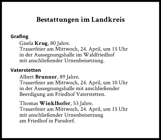 Traueranzeige von Bestattungen vom 24.04.2024 von Süddeutsche Zeitung