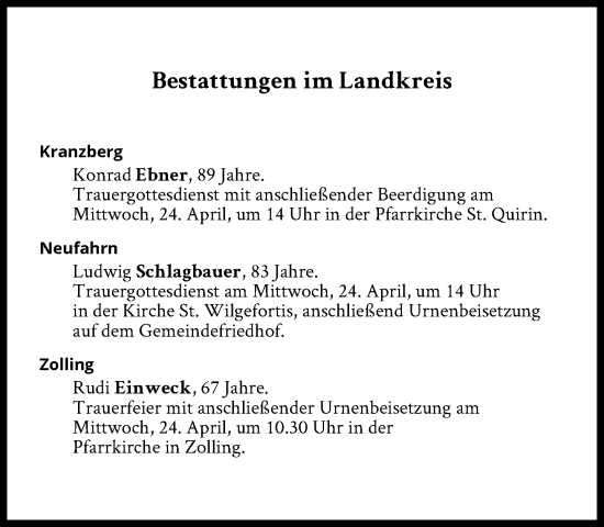 Traueranzeige von Bestattungen vom 24.04.2024 von Süddeutsche Zeitung