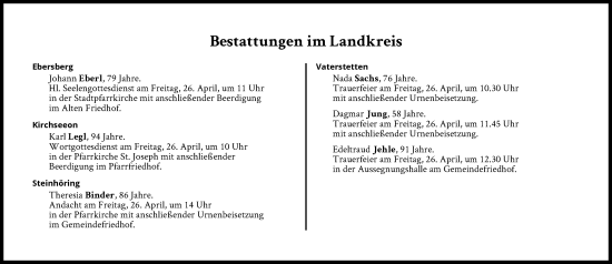 Traueranzeige von Bestattungen vom 26.04.2024 von Süddeutsche Zeitung