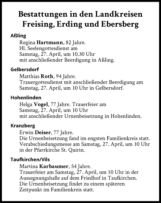 Traueranzeige von Bestattungen vom 27.04.2024 von Süddeutsche Zeitung