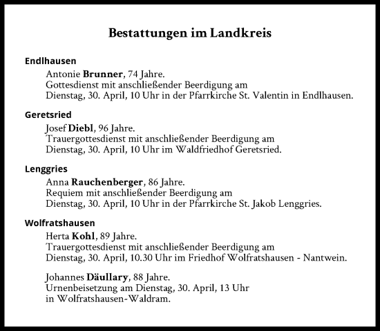 Traueranzeige von Bestattungen vom 30.04.2024 von Süddeutsche Zeitung