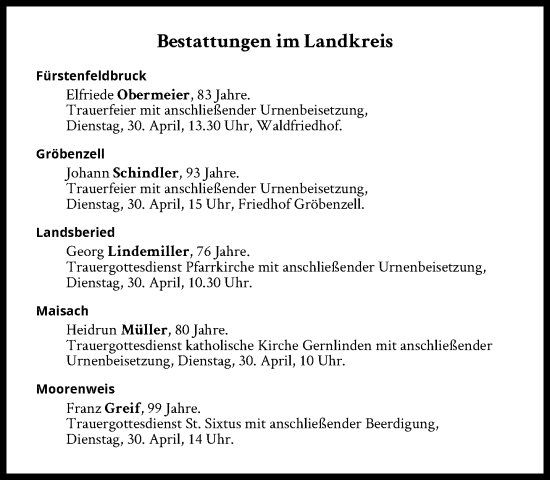 Traueranzeige von Bestattungen vom 30.04.2024 von Süddeutsche Zeitung