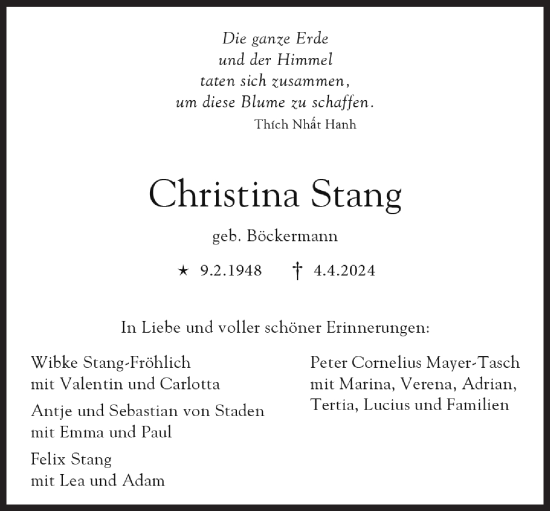 Traueranzeige von Christina Stang von Süddeutsche Zeitung