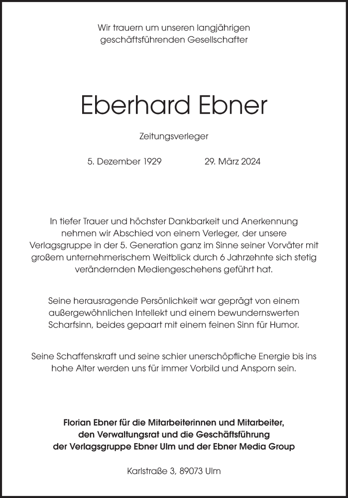  Traueranzeige für Eberhard Ebner vom 03.04.2024 aus Süddeutsche Zeitung