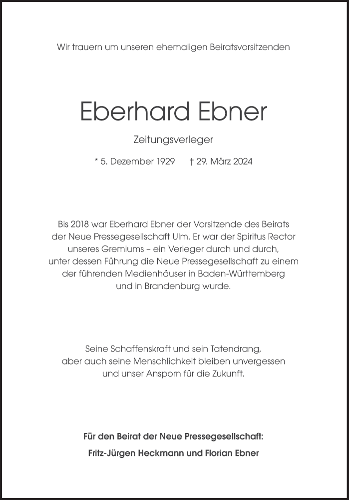  Traueranzeige für Eberhard Ebner vom 03.04.2024 aus Süddeutsche Zeitung
