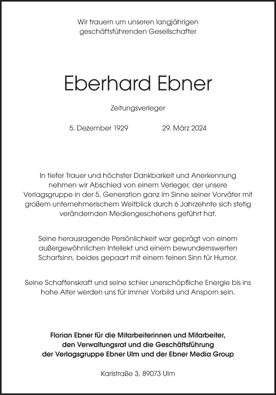 Traueranzeige von Eberhard Ebner von Süddeutsche Zeitung