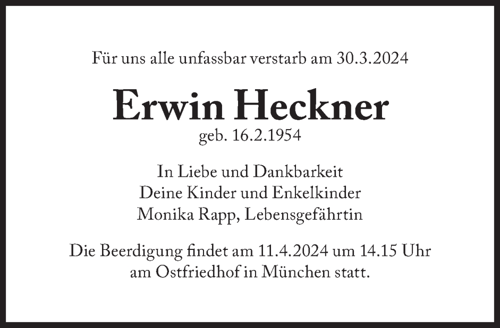  Traueranzeige für Erwin Heckner vom 08.04.2024 aus Süddeutsche Zeitung