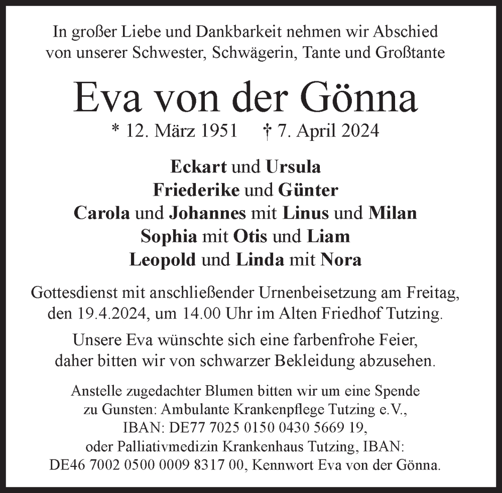  Traueranzeige für Eva von der Gönna vom 13.04.2024 aus Süddeutsche Zeitung