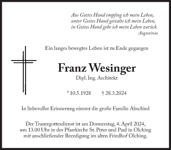 Traueranzeige von Franz Wesinger von Süddeutsche Zeitung