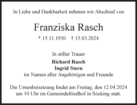 Traueranzeige von Franziska Rasch von Süddeutsche Zeitung