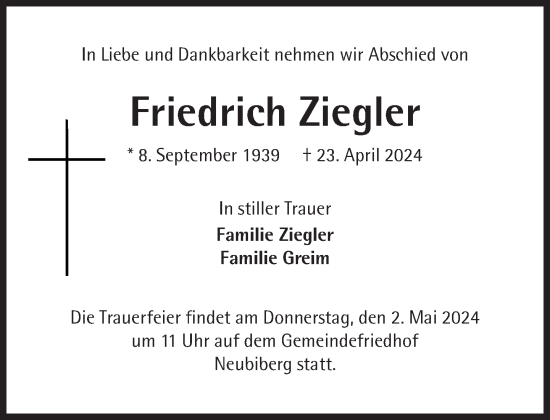 Traueranzeige von Friedrich Ziegler von Süddeutsche Zeitung