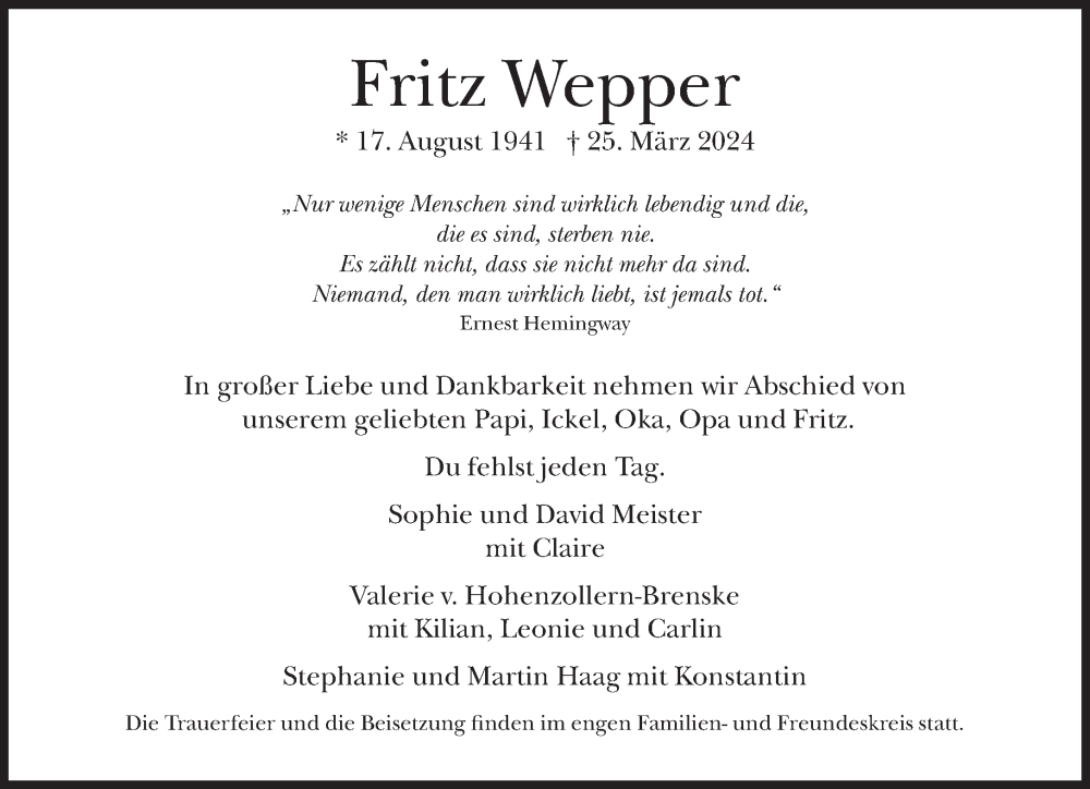  Traueranzeige für Fritz Wepper vom 06.04.2024 aus Süddeutsche Zeitung