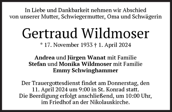 Traueranzeige von Gertraud Wildmoser von Süddeutsche Zeitung
