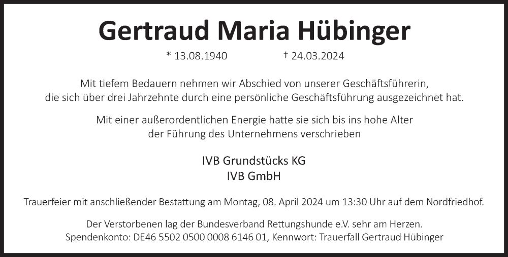  Traueranzeige für Gertraud Maria Hübinger vom 04.04.2024 aus Süddeutsche Zeitung