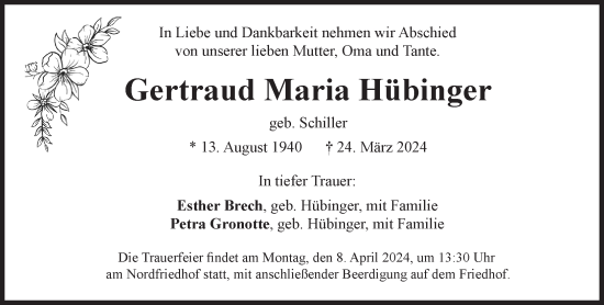 Traueranzeige von Gertraud Maria Hübinger von Süddeutsche Zeitung