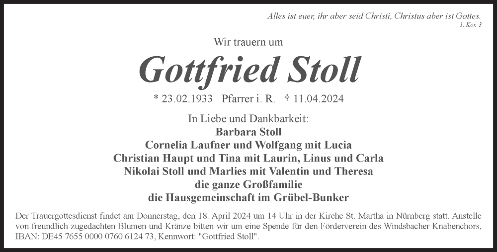  Traueranzeige für Gottfried Stoll vom 16.04.2024 aus Süddeutsche Zeitung