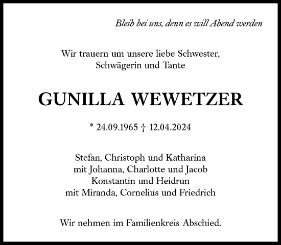 Traueranzeige von Gunilla Wewetzer von Süddeutsche Zeitung