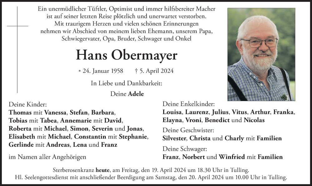  Traueranzeige für Hans Obermayer vom 19.04.2024 aus Süddeutsche Zeitung