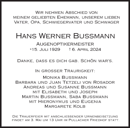 Traueranzeige von Hans Werner Bussmann von Süddeutsche Zeitung