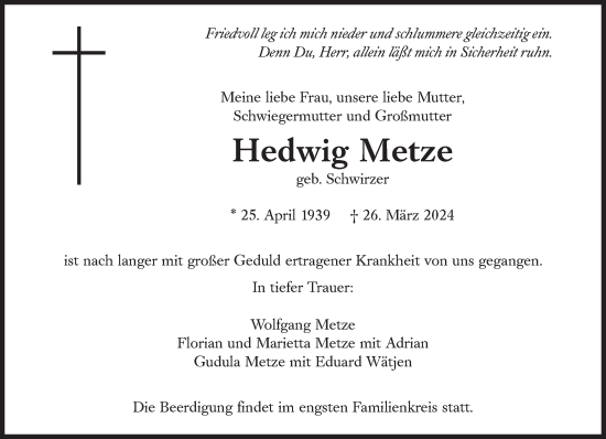Traueranzeige von Hedwig Metze von Süddeutsche Zeitung