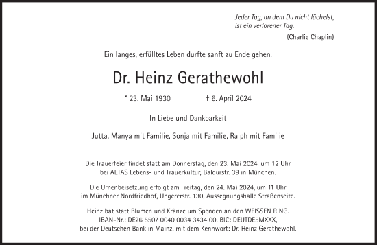 Traueranzeige von Heinz Gerathewohl von Süddeutsche Zeitung