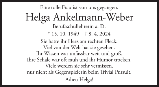 Traueranzeige von Helga Ankelmann-Weber von Süddeutsche Zeitung