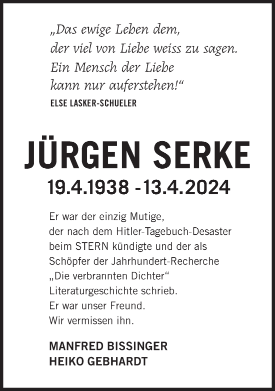 Traueranzeige von Jürgen Serke von Süddeutsche Zeitung