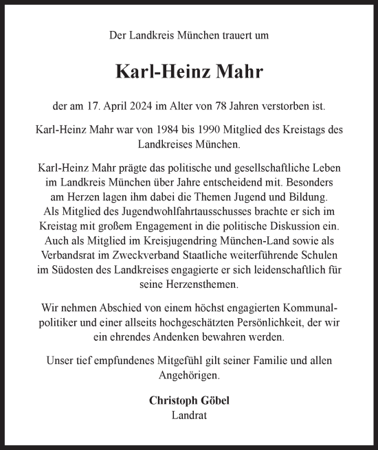 Traueranzeige von Karl-Heinz Mahr von Süddeutsche Zeitung