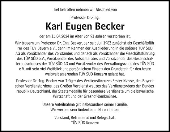 Traueranzeige von Karl Eugen Becker von Süddeutsche Zeitung